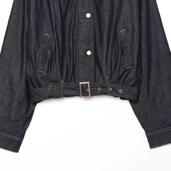 Damen Cropped Jeansjacke mit Taillengürtel, Stehkragen und Ballonärmeln Drune