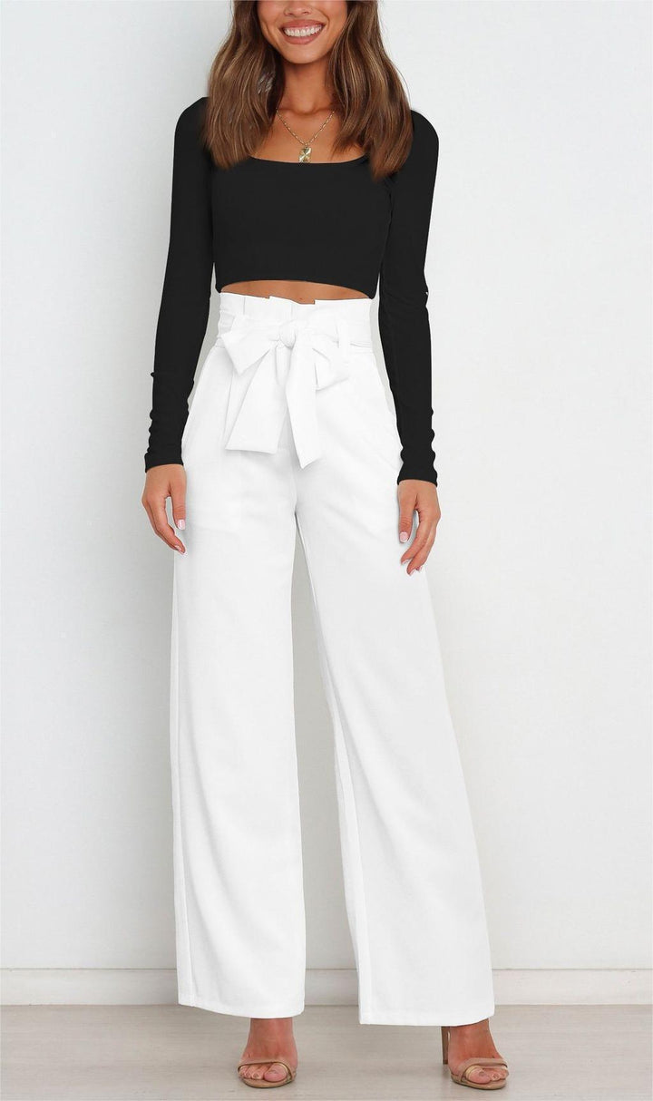 Damen elegante Hochbundhose mit Bindegürtel und weitem Bein Drune
