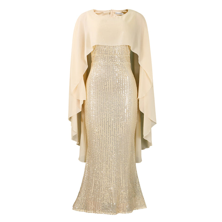 Damen Glamouröses Abendkleid mit schimmernden Pailletten und Cape Drune