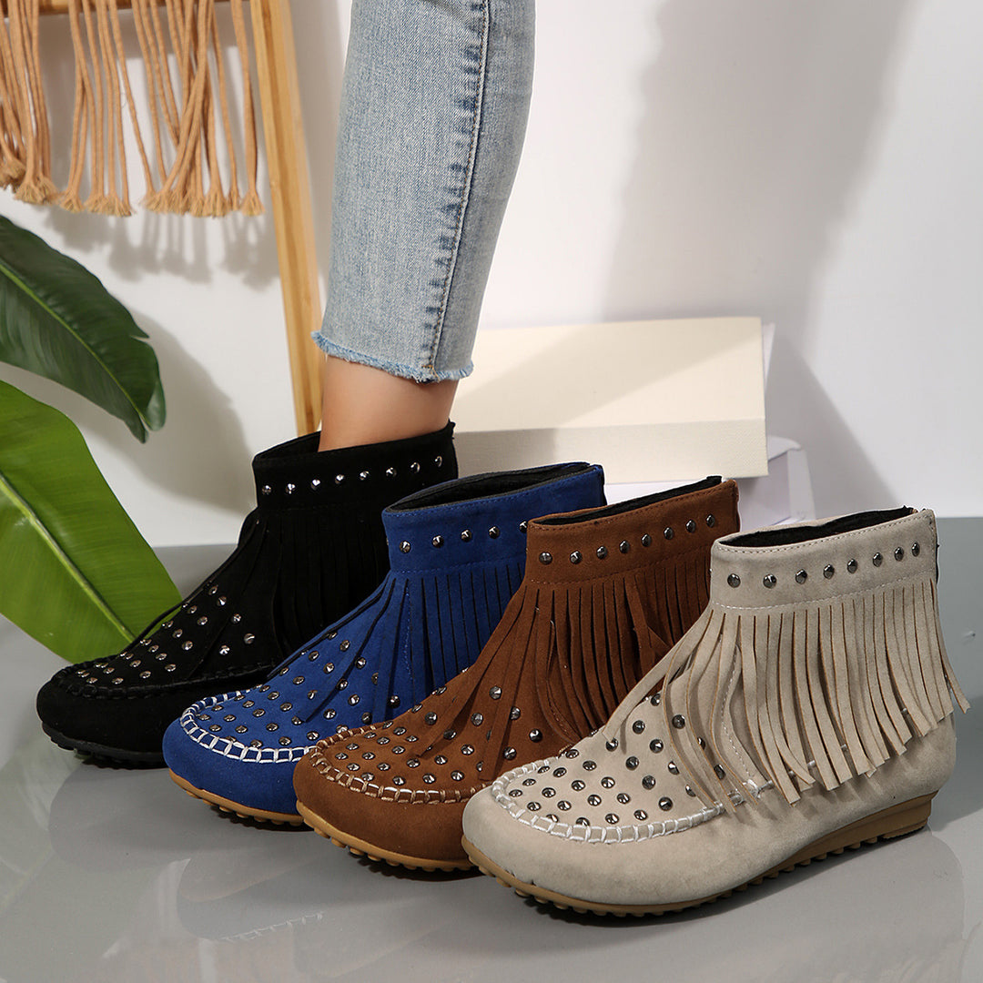 Damen Fransen‑Ankleboots im Mokassinstil mit Nieten und Rückenreißverschluss Drune