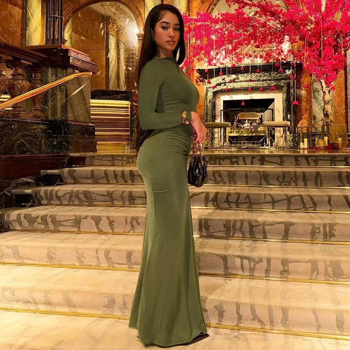 Damen Elegantes Maxikleid mit Raffungen und langem Arm Drune
