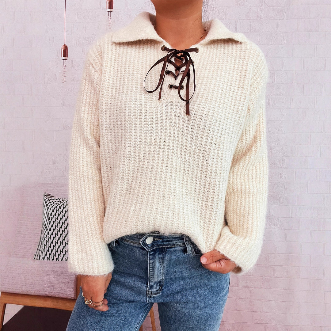 Damen lässiger Strickpullover mit dekorativem Schnürdetail und breiten Ärmel Drune