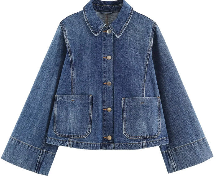 Damen Kurzer Boxy-Jeansblouson mit oversized Manschetten und aufgesetzten Taschen Drune