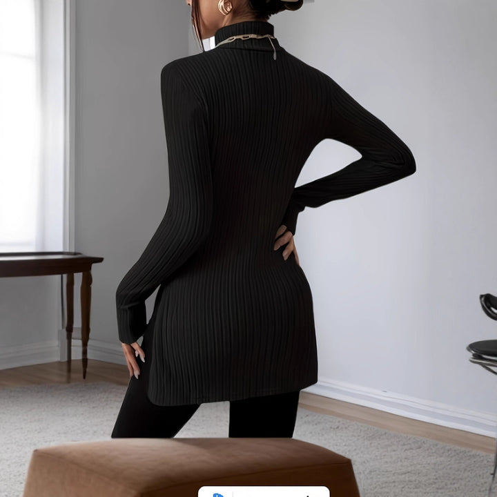 Damen Figurschmeichelnder gerippter Rollkragen-Longpullover mit Seitenschlitzen Drune