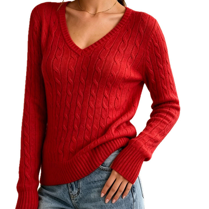 Damen Kabelstrickpullover mit V-Ausschnitt, feiner Struktur und taillierter Passform Drune