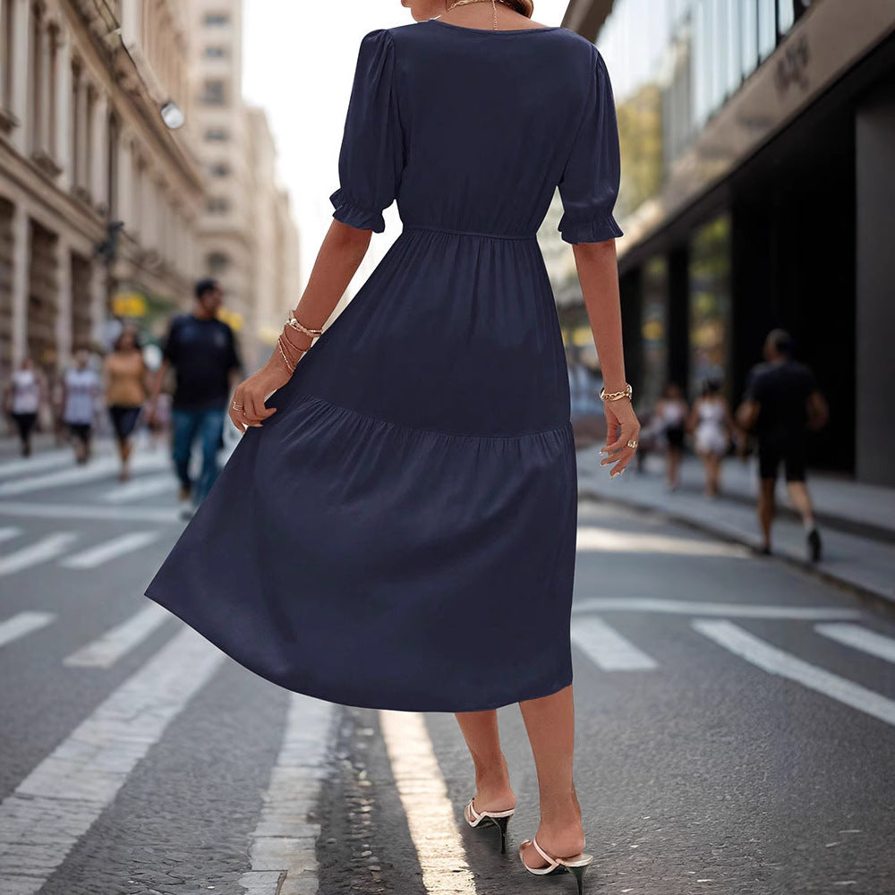 Damen Midi-Kleid mit knöpfbarem V-Ausschnitt und luftigen Puffärmeln Drune