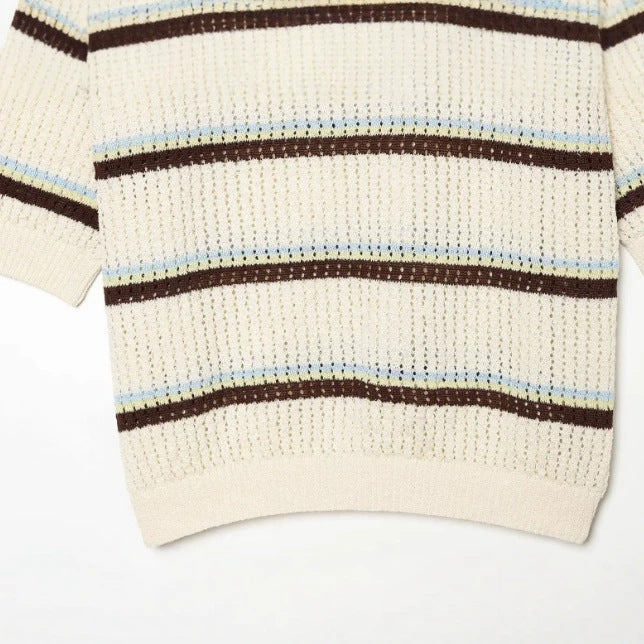 Damen Kurzarm Polo-Strickpullover mit V‑Ausschnitt, Strukturmuster und Streifendetail Drune