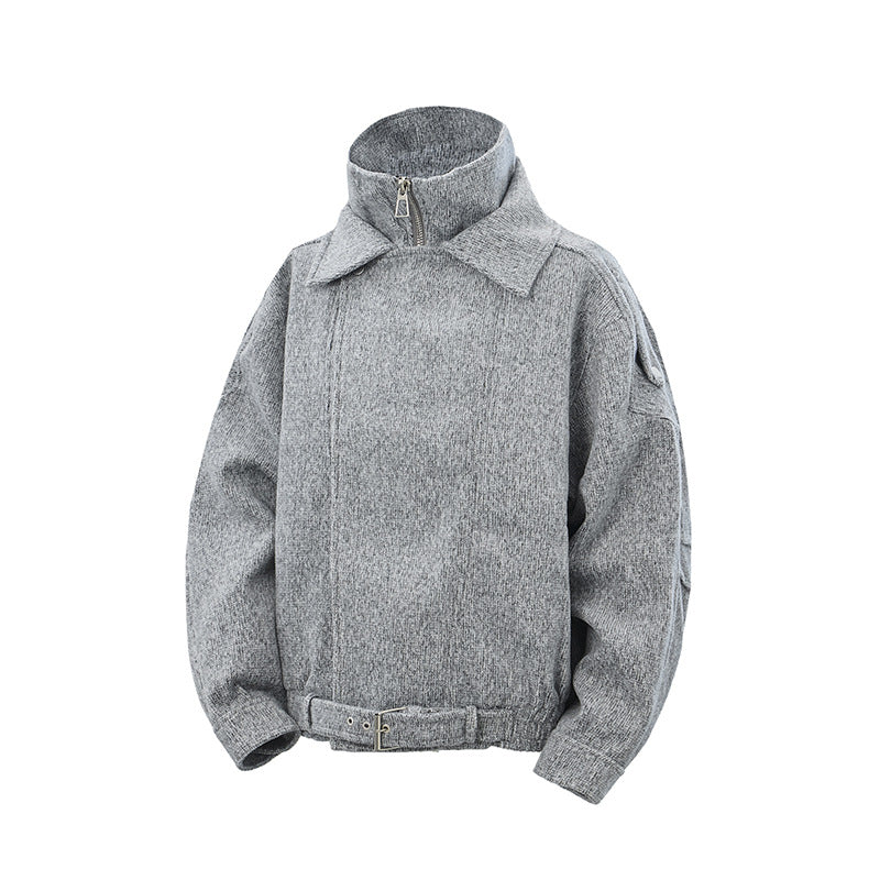 Damen Kurz geschnittene Wollmix-Bikerjacke mit asymmetrischer Front und Taillengürtel Drune