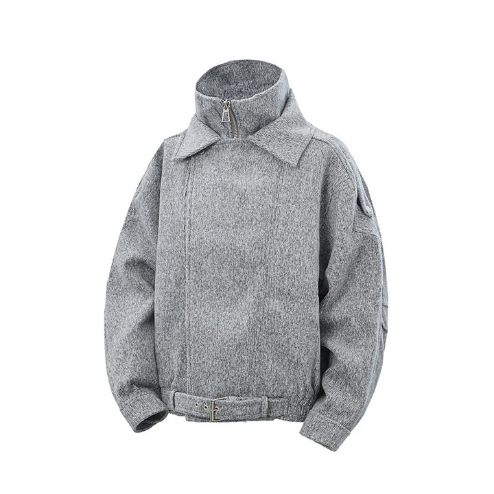 Damen Kurz geschnittene Wollmix-Bikerjacke mit asymmetrischer Front und Taillengürtel Drune