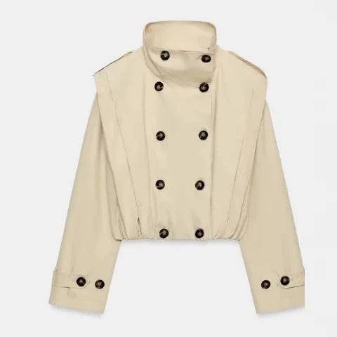 Damen Cropped Doppelreihiger Trench‑Blouson mit Stehkragen, Schulterpatten und elastischem Saum Drune