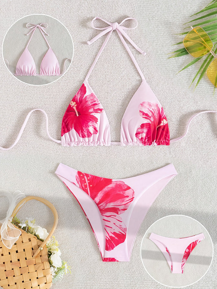 Damen Triangel-Bikini mit floralen Akzenten und zartem Rüschendesign Drune
