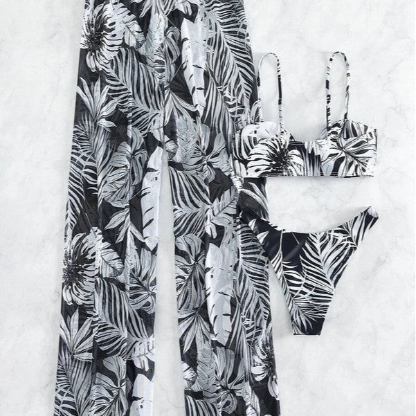 Damen Badeoutfit mit floralem Oberteil und transparenten Palazzohosen Drune