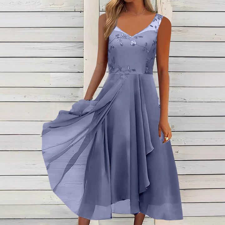 Damen nan A-Linien-Chiffonkleid mit floralem Stickoberteil, V-Ausschnitt, drapiertem Godet-Schwung und verdeckten Seitentaschen Drune