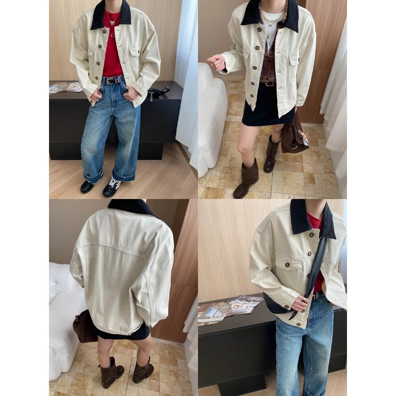 Damen lässige Jeansjacke mit kontrastierendem Kragen und funktionalen Taschen Drune