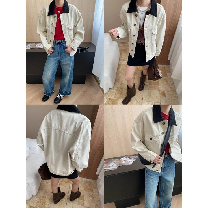 Damen lässige Jeansjacke mit kontrastierendem Kragen und funktionalen Taschen Drune