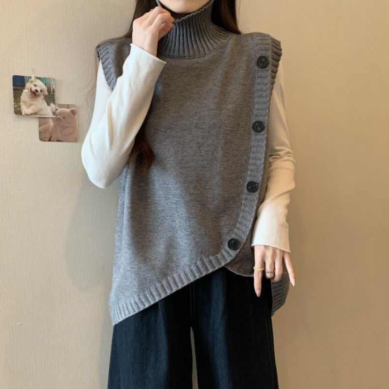 Damen Strickpullover mit hohem Kragen und asymmetrischem Schnitt Drune