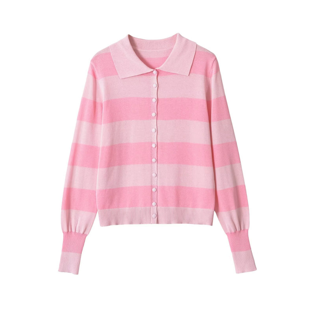 Damen Leichte gestreifte Strickjacke mit Polokragen und Knopfleiste Drune