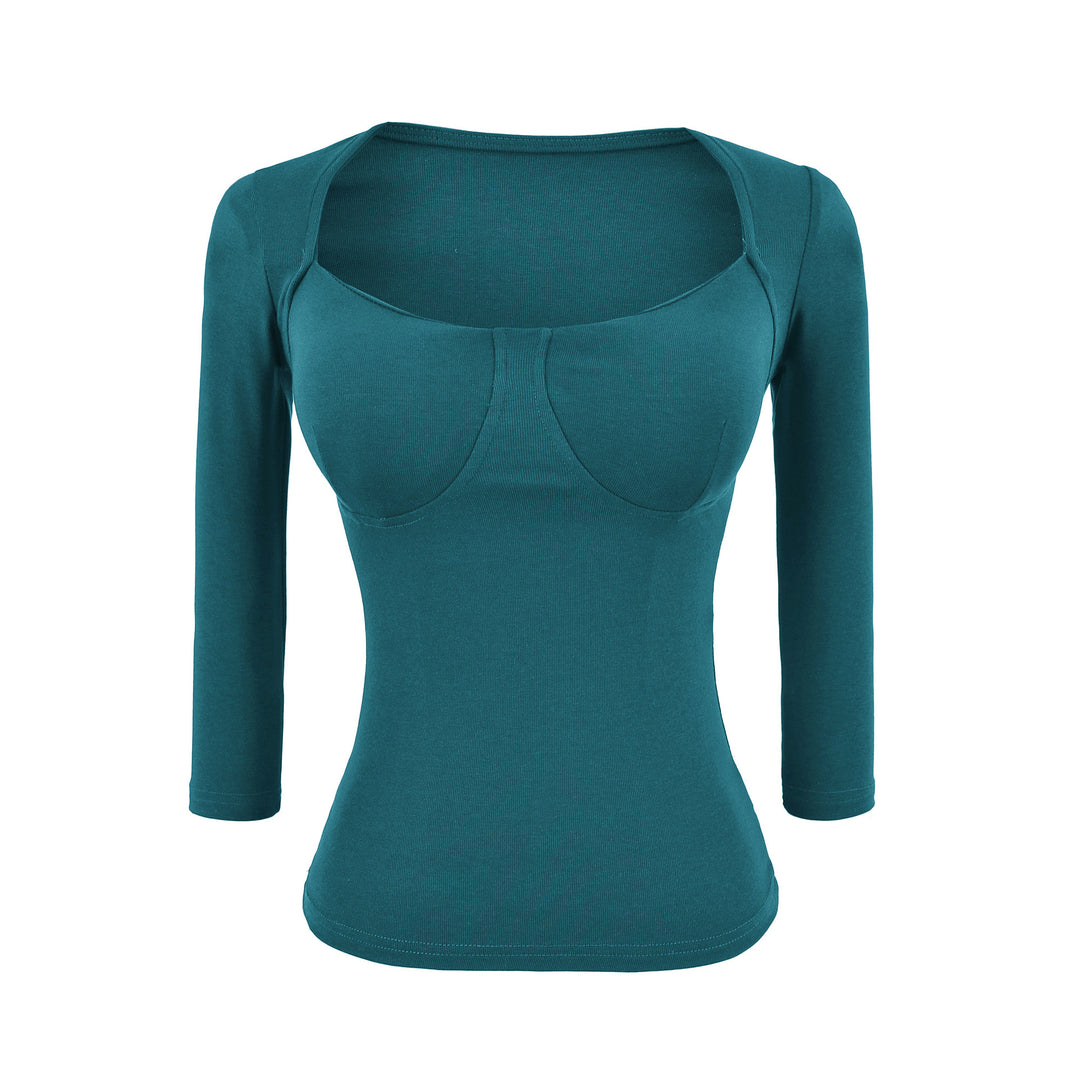 Damen Figurnahes Langarm-Top mit integrierter Bustier‑Kontur und quadratischem Ausschnitt Drune