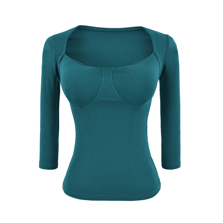 Damen Figurnahes Langarm-Top mit integrierter Bustier‑Kontur und quadratischem Ausschnitt Drune