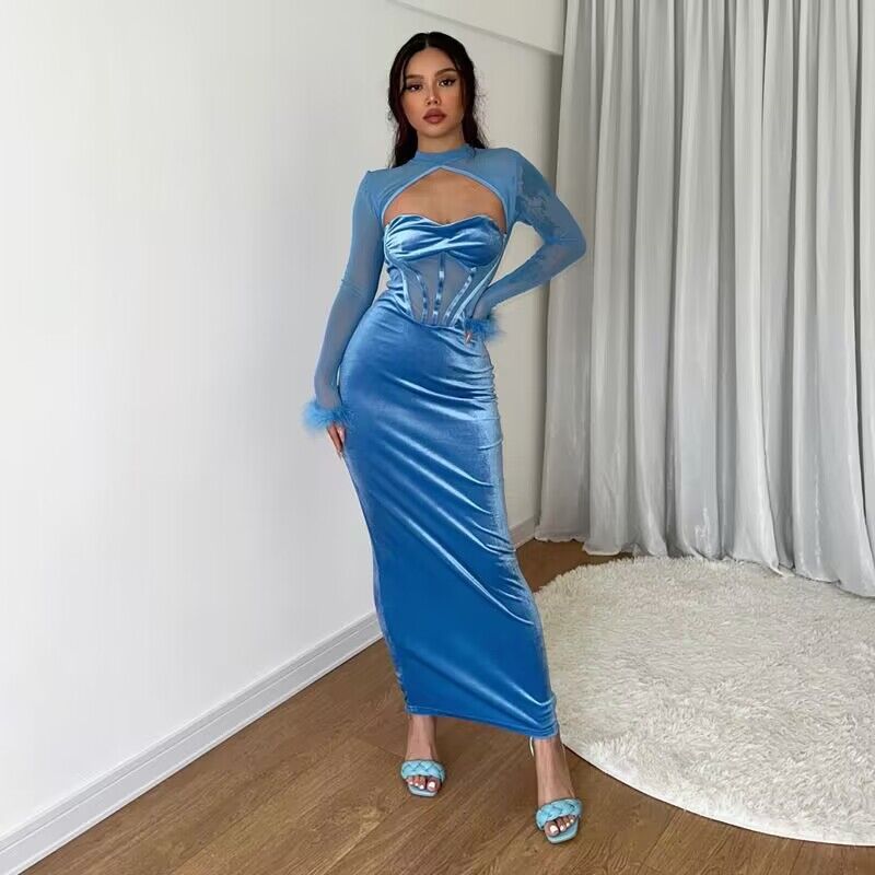 Damen figurbetontes Samt-Maxikleid mit Corsagen-Bustier und transparentem Mesh-Oberteil Drune