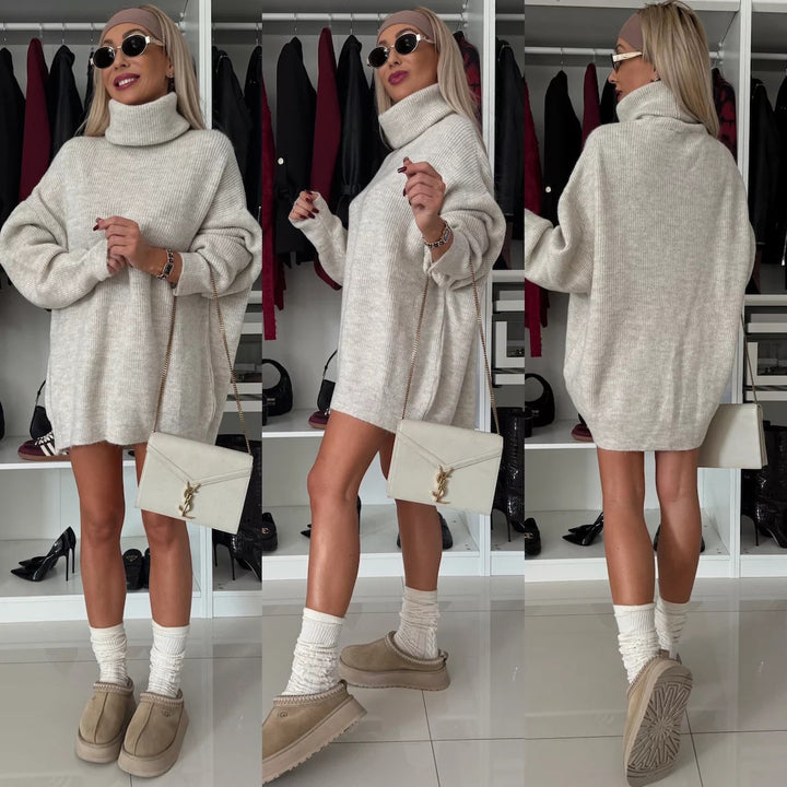Damen kuscheliges Grobstrick-Minikleid mit extra hohem Rollkragen und oversized Passform Drune