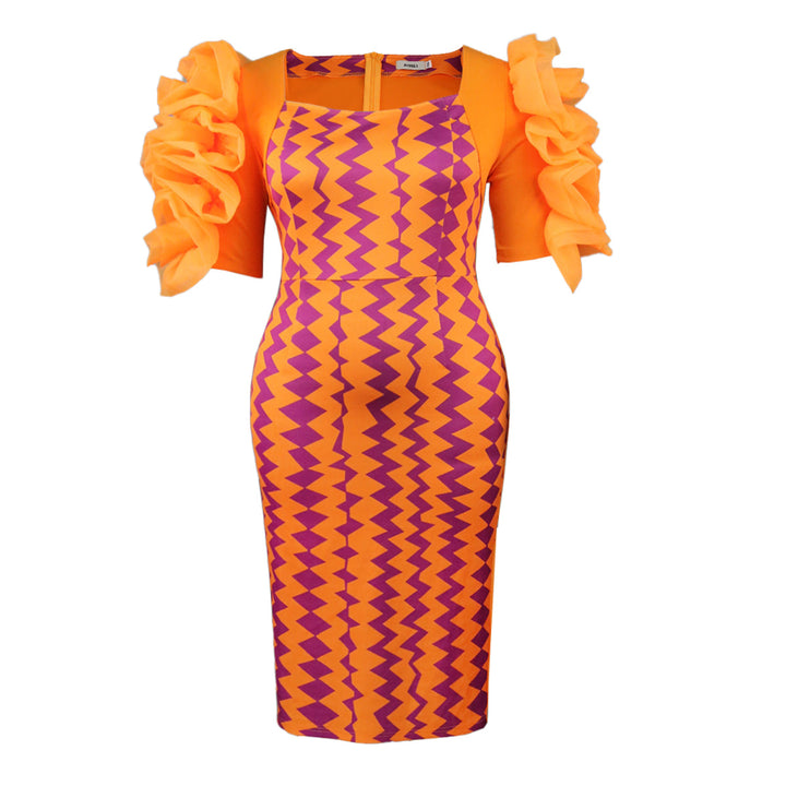 Damen figurbetontes Kleid mit auffälligen Rüschenärmeln und geometrischem Muster Drune