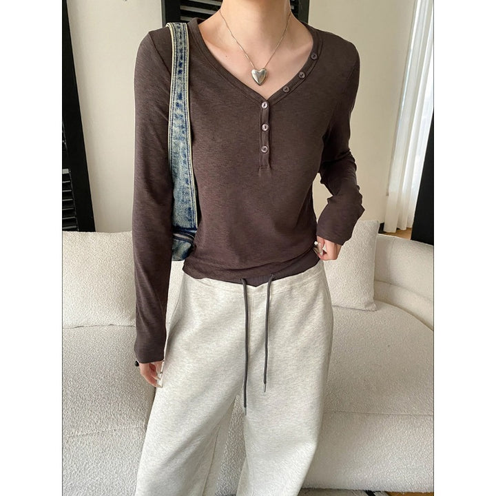 Damen Langarmshirt mit V-Ausschnitt und Knopfleiste Drune