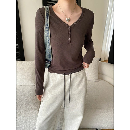 Damen Langarmshirt mit V-Ausschnitt und Knopfleiste Drune