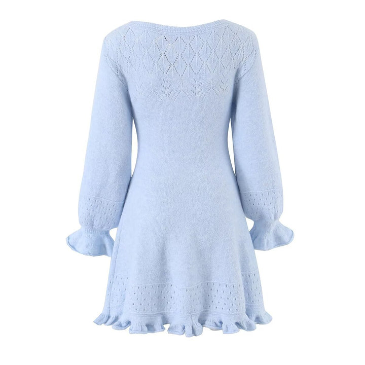 Damen Gestricktes A‑Linien Kleid mit Rüschenbündchen und Lochmuster Drune