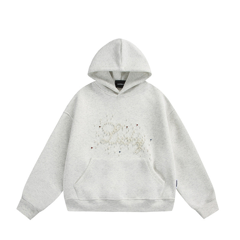 Unisex Oversize Kapuzenpullover mit Perlen‑ und Strassapplikation Drune