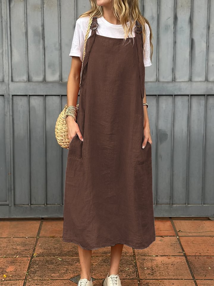 Damen lässiges Leinenkleid mit praktischen Taschen und verstellbaren Trägern Drune