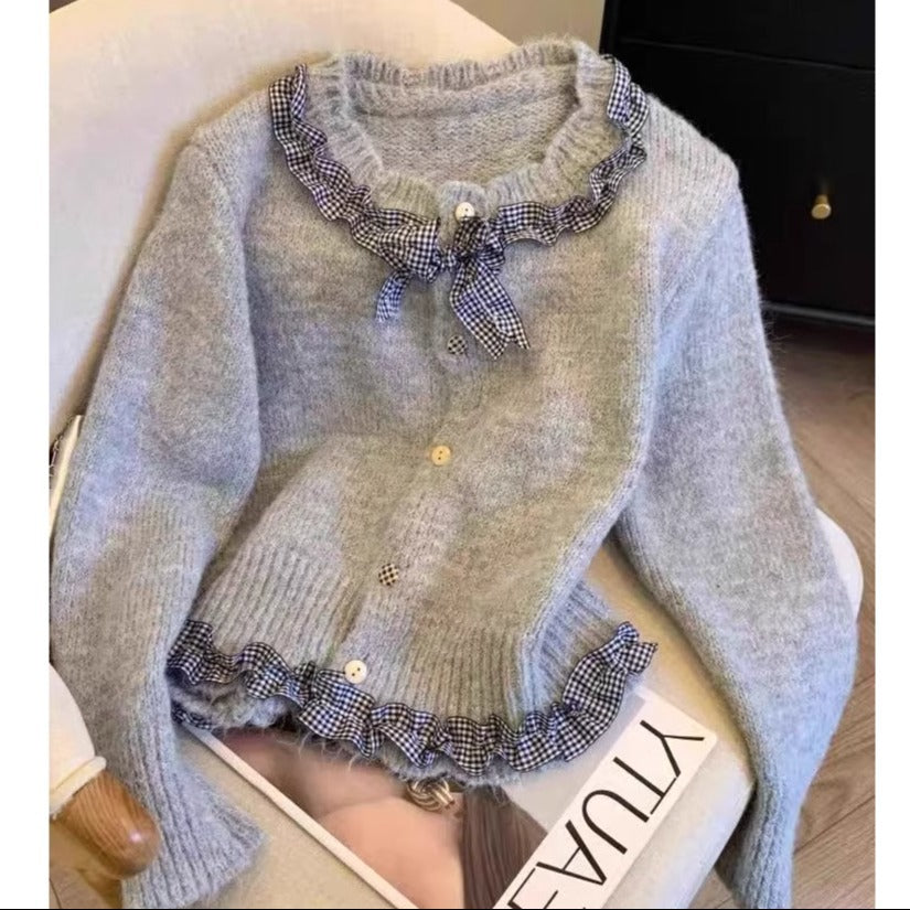 Damen Strickjacke mit Rüschen und eleganter Schleife Drune