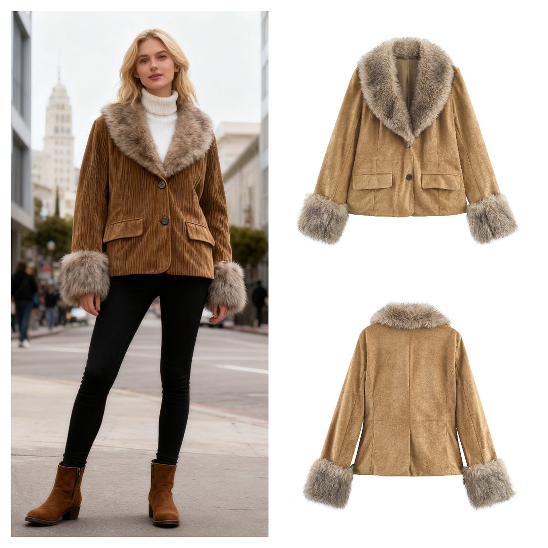 Damen Kunstlederjacke mit elegantem Kunstfellkragen Drune