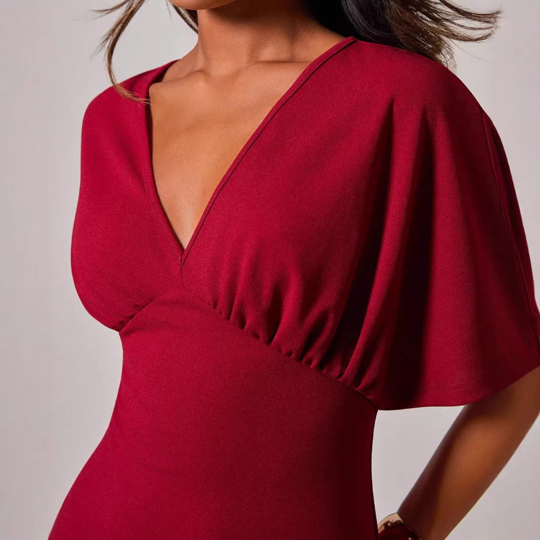 Damen figurbetontes Cocktailkleid mit tiefem V-Ausschnitt und Hüftakzent Drune