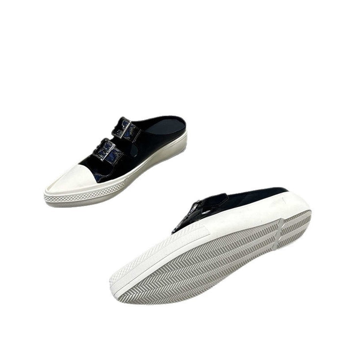 Damen Spitz zulaufende Mule‑Sneaker mit doppelten Schnallenriemen und flacher Plateausohle Drune