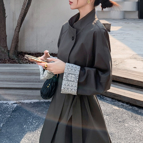 Damen Eleganter Trenchcoat mit Taillengürtel und Kontrastärmel Drune