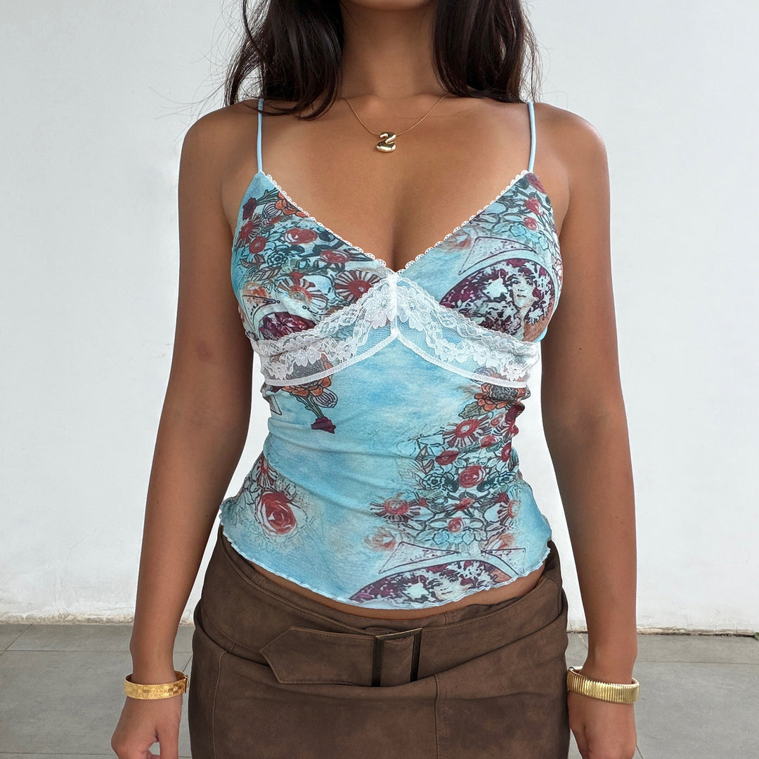 Damen Spaghetti-Trägershirt mit floralen Muster und zarter Spitzenverzierung Drune