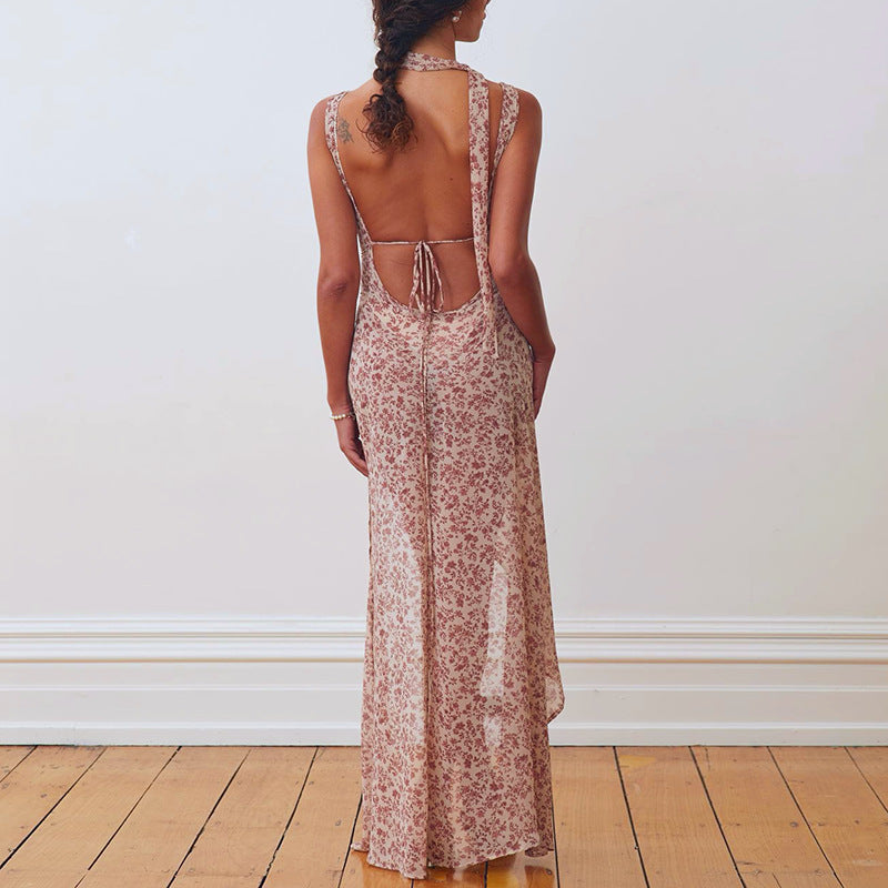 Damen Floral Maxi-Strandkleid mit attraktiven Schlitzdetails und Rückenband Drune