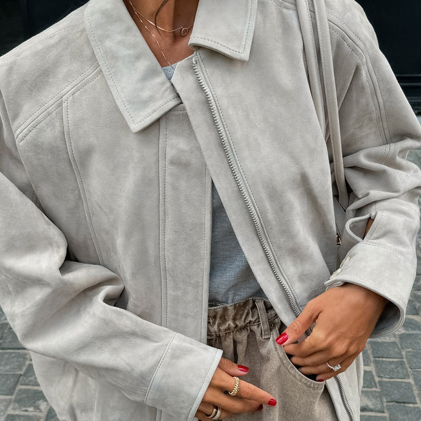 Damen modische Wildlederjacke im lässigen Oversized-Schnitt mit praktischen Taschen Drune