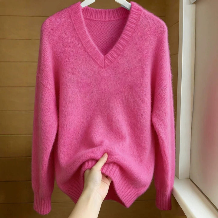 Damen Flauschiger Mohair-Mix Oversize-Pullover mit tiefem V-Kragen Drune