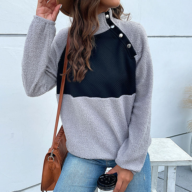 Damen Kuscheliger Teddy‑Fleece‑Pullover mit gesteppter Brustpatte, Stehkragen und Druckknopfleiste Drune