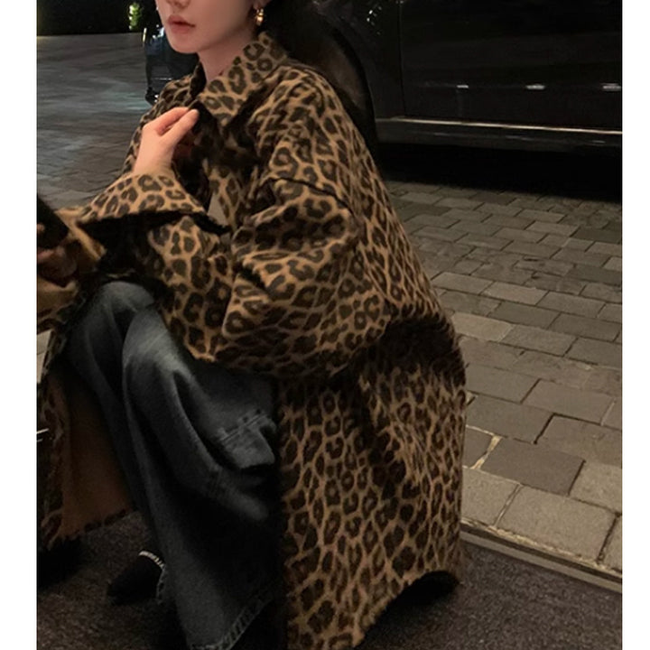 Damen Oversized Hemdjacke im modischen Leopardenmuster Drune