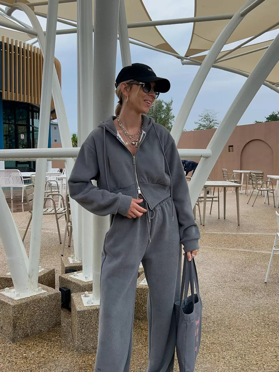 Damen Kurzgeschnittenes Zip-Hoodie mit Kordelzug‑Taille und weiter Palazzo‑Jogginghose Drune