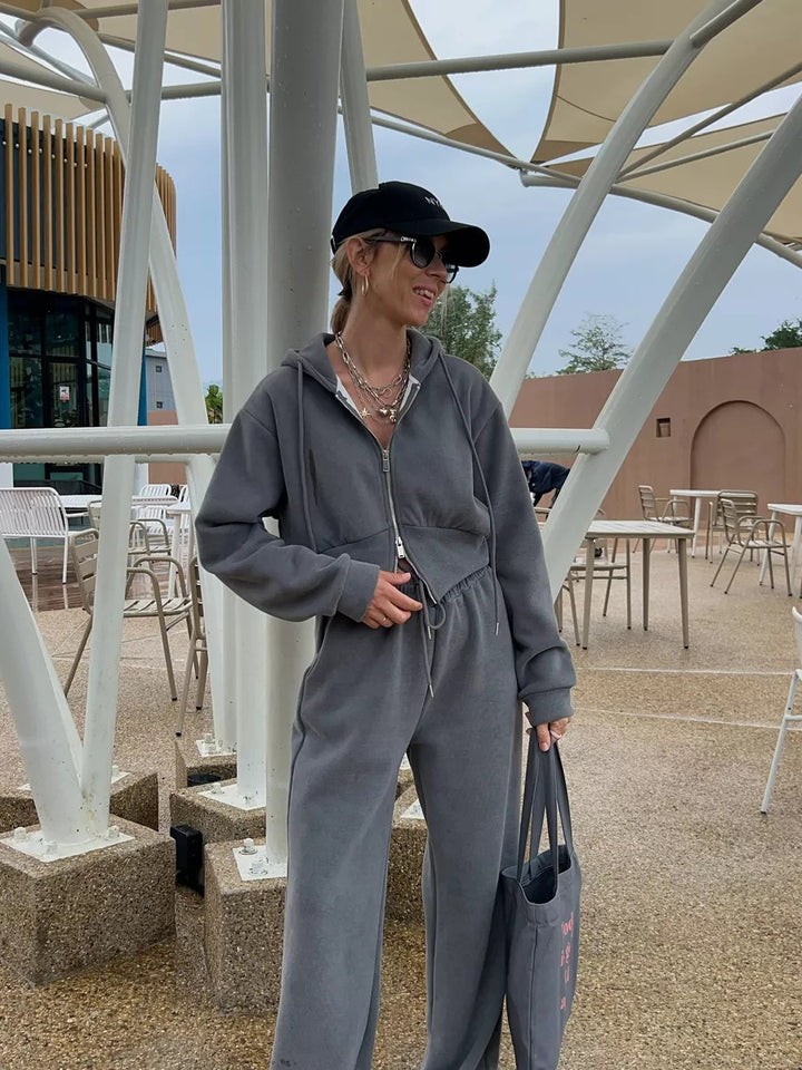 Damen Kurzgeschnittenes Zip-Hoodie mit Kordelzug‑Taille und weiter Palazzo‑Jogginghose Drune