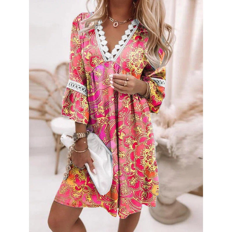 Damen Blumiges Tunika-Kleid mit Spitzenakzenten Drune