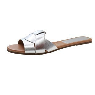 Damen Jeans-Optik Slide-Sandalen mit gekreuzten Stoffriemen und flacher Komfortsohle Drune