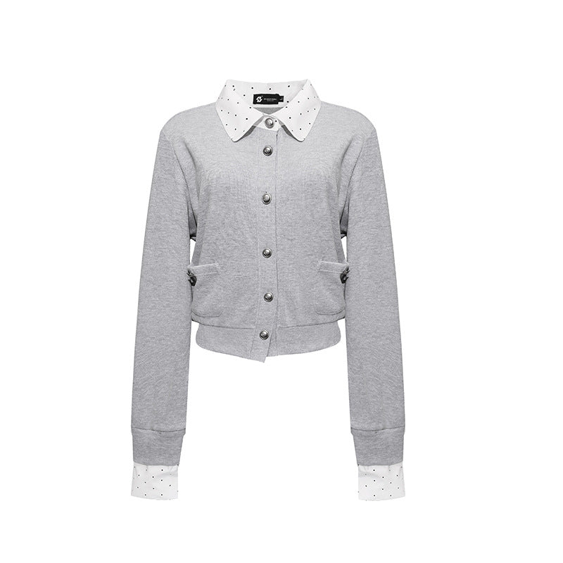 Damen Knopf-Sweatjacke mit eingesetztem Hemdkragen und Manschetten Drune