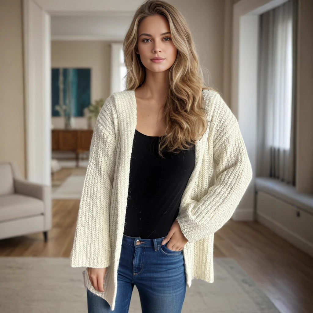 Damen lässige Strickjacke mit offenen Vorderteilen und lockeren Ärmeln Drune