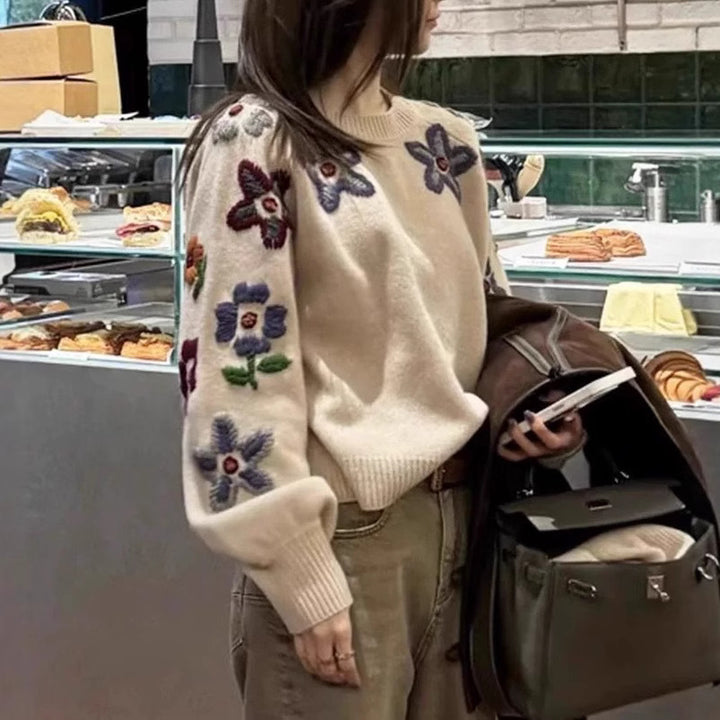 Damen Eleganter Strickpullover mit floralem Stickdesign und lässigem Schnitt Drune