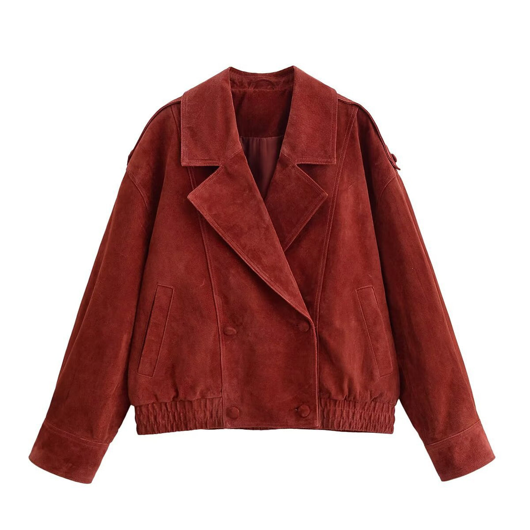 Damen Kurzjacke aus Veloursleder im Oversize‑Schnitt mit doppelreihiger Knopfleiste Drune